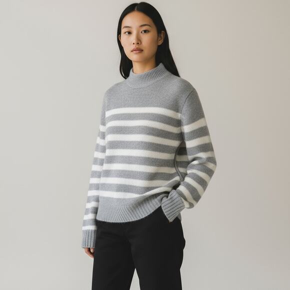 White + Warren Sweaters - WHITE + WARREN Gray Ivory Striped 100% Cashmere Soft Cozy Crewneck Sweater Small